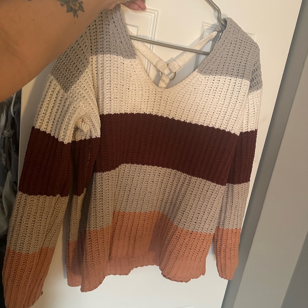 Striped Knit Sweater - Gray, Cream, Brown, Tan